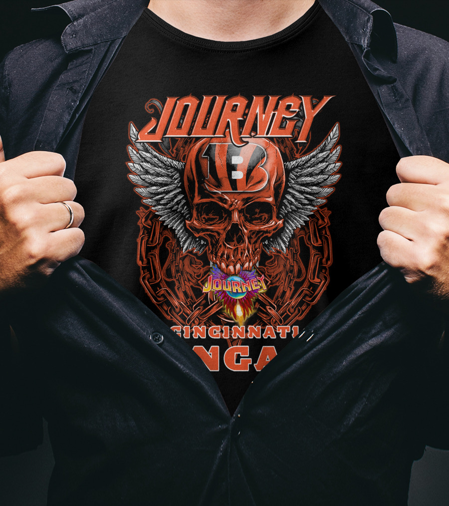 Journey Cincinnati Bengals Skull Wings Chain Flames T-Shirt
