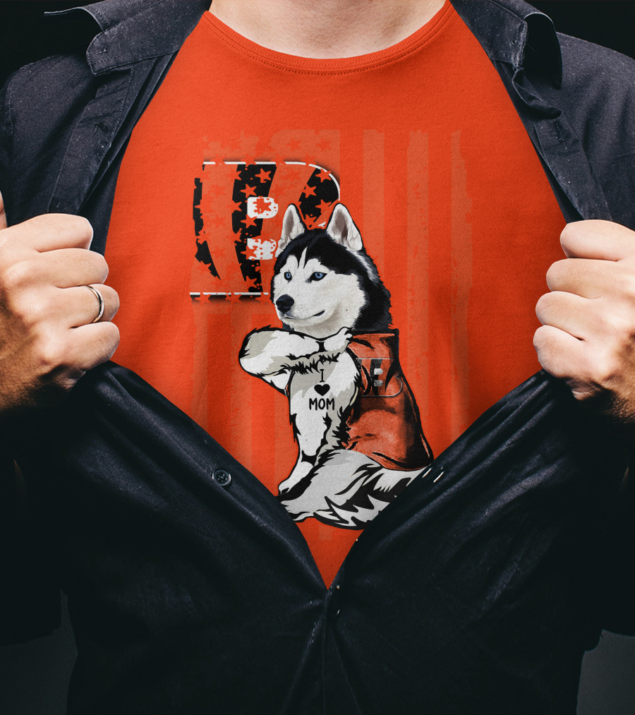 Cincinnati Bengals Siberian Husky I Love Mom Fan T-Shirt