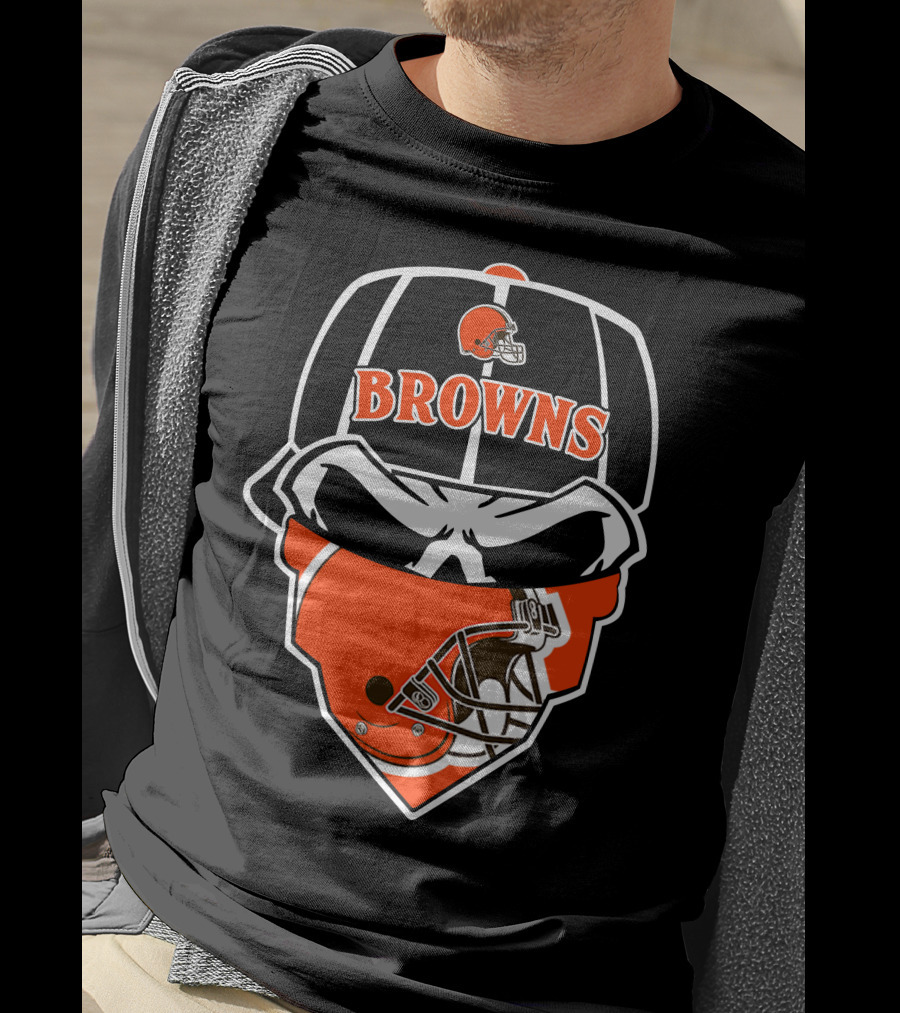 Browns Helmet Skull Mask With Football Theme T-Shirt