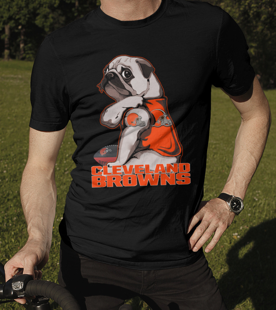 Cleveland Browns Pug In Orange Jersey With Football And Helmet T-Shirt