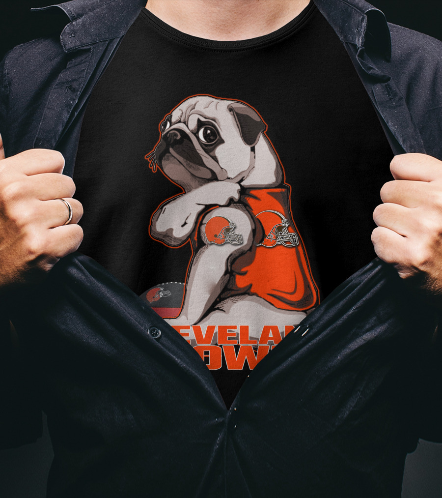 Cleveland Browns Pug In Orange Jersey With Football And Helmet T-Shirt