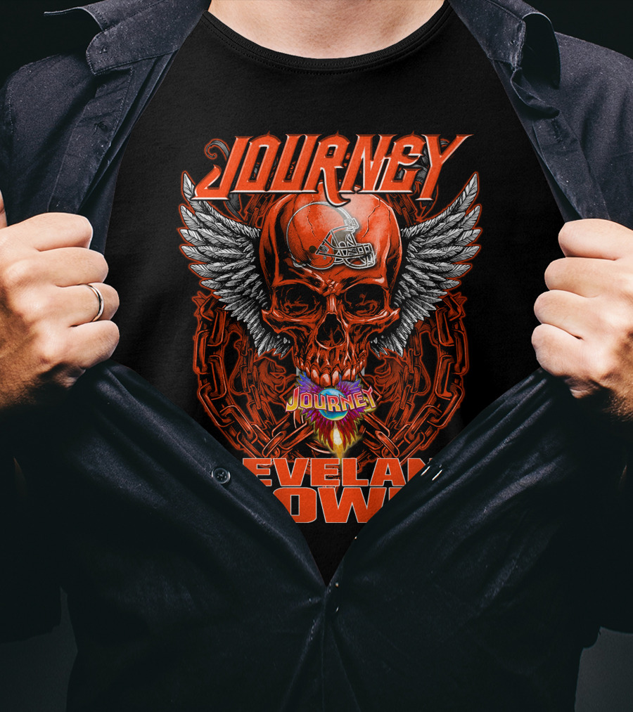 JOURNEY Winged Flaming Skull CLEVELAND BROWNS Football Helmet T-Shirt