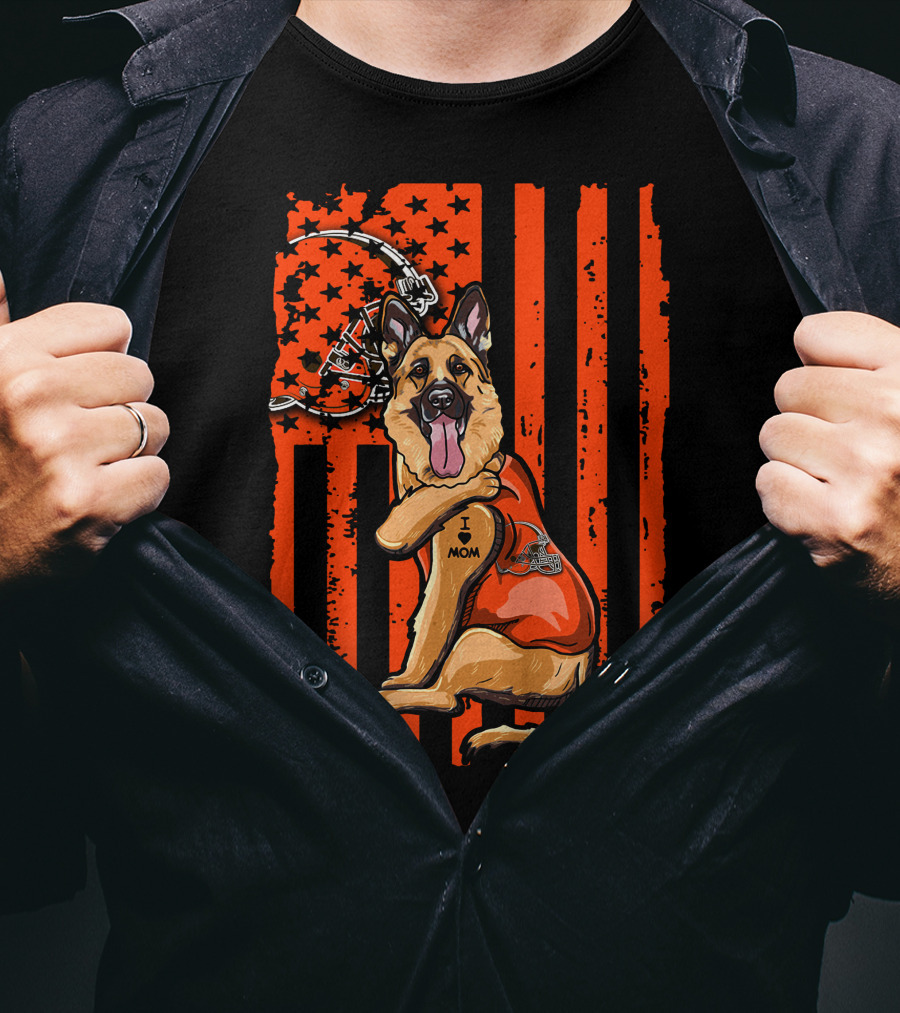 Cleveland Browns German Shepherd Dog And Football Helmet With Orange Flag Background T-Shirt