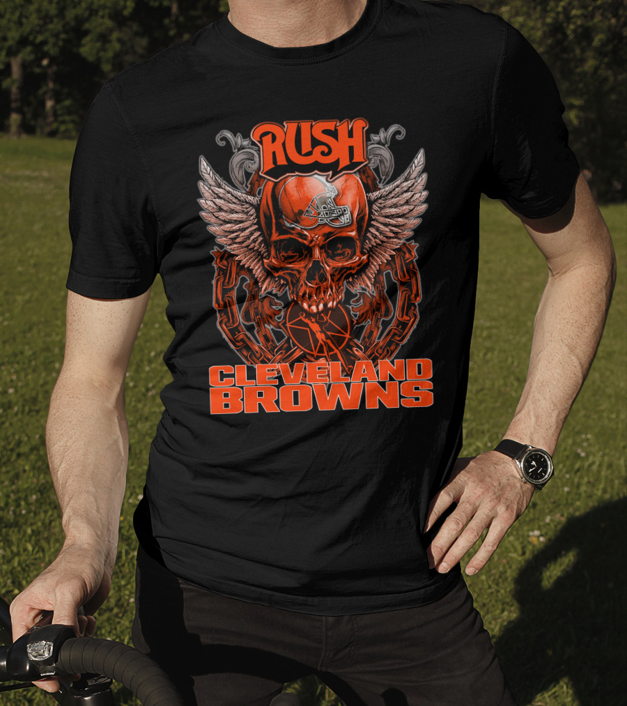 RUSH Cleveland Browns Skull Helmet Wings Chain T-Shirt