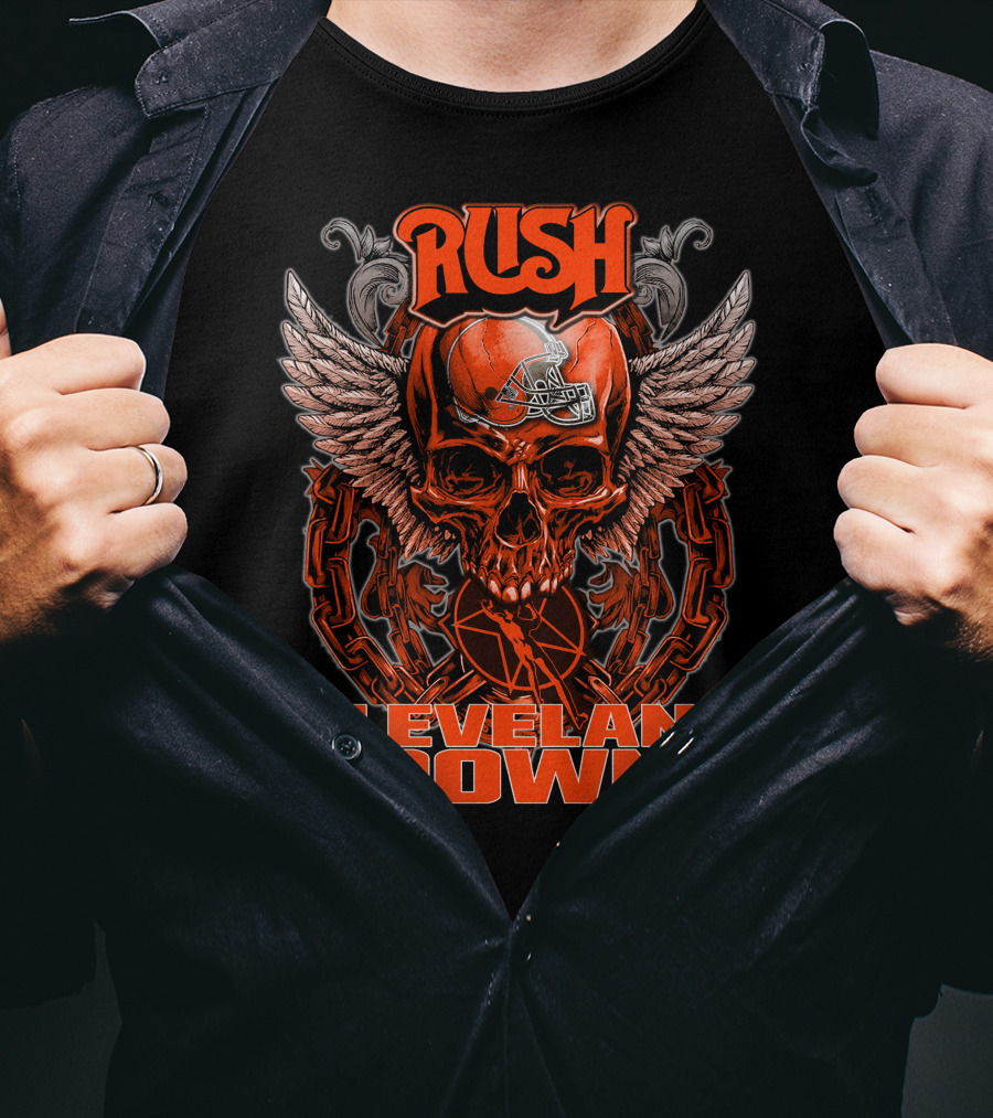 RUSH Cleveland Browns Skull Helmet Wings Chain T-Shirt