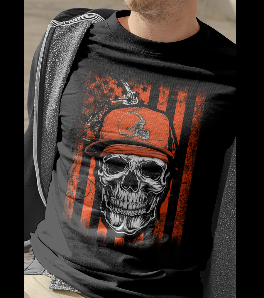 Skull In Cleveland Browns Helmet With Orange And Black Stripes T-Shirt