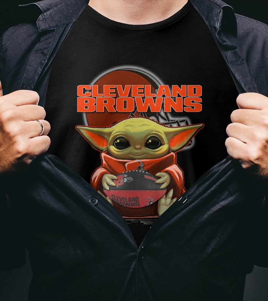 Yoda Cleveland Browns Football Holding Baby Yoda Fan T-Shirt