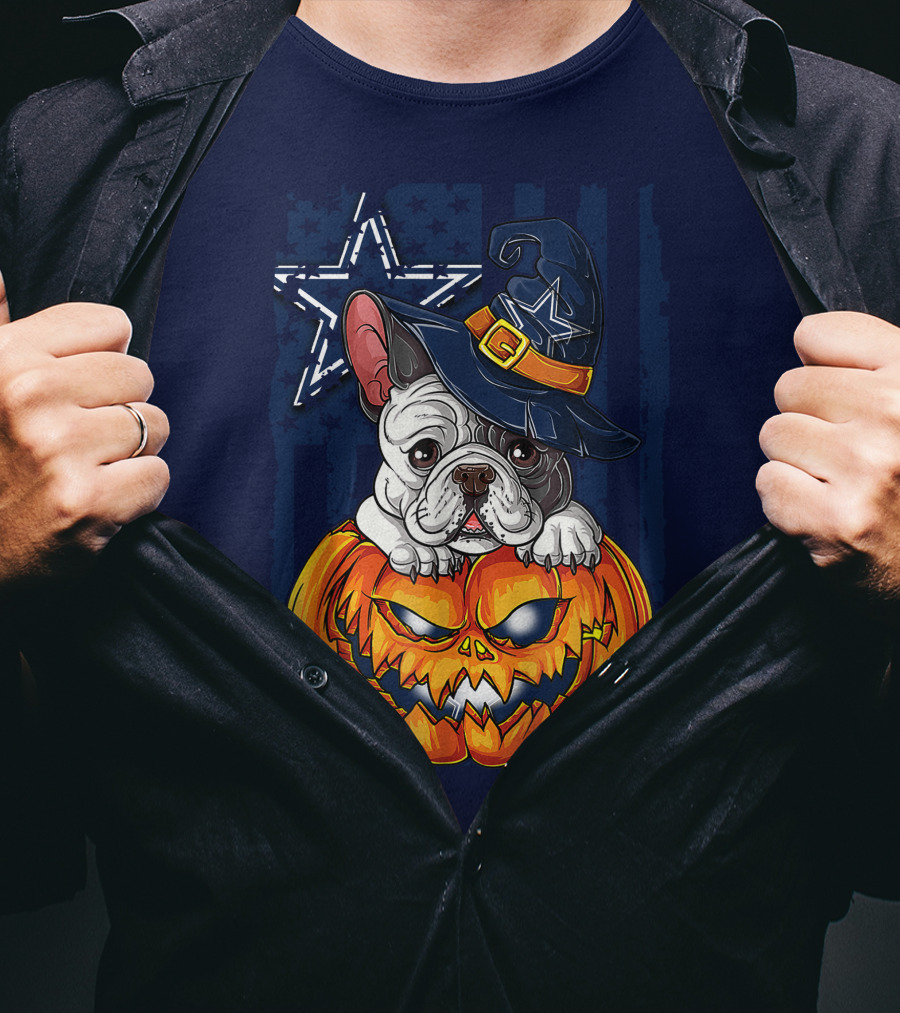 Hlw Bulldog Halloween Dallas Cowboys Pumpkin Wizard Hat T-Shirt