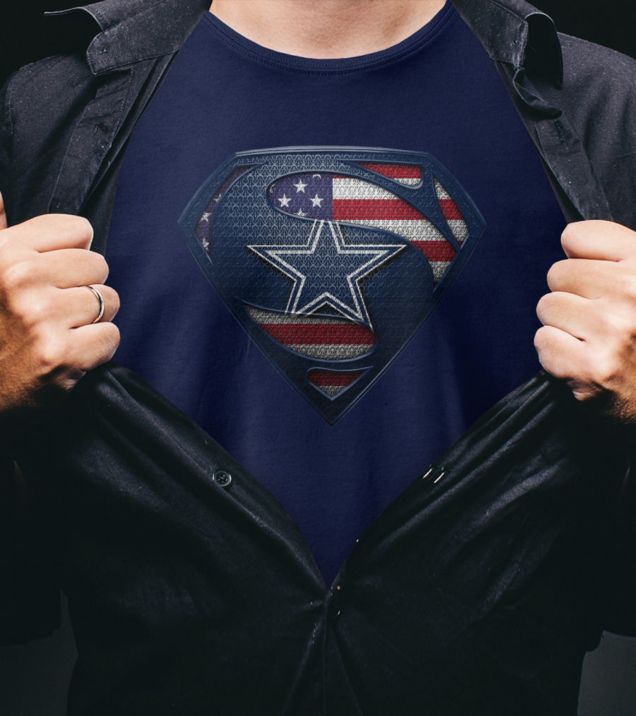 Spm DALLAS COWBOYS Superman Shield American Flag Star T-Shirt