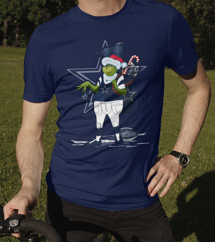 Grinchxmas Dallas Cowboys Holiday Cheer With Starry Football Twist T-Shirt