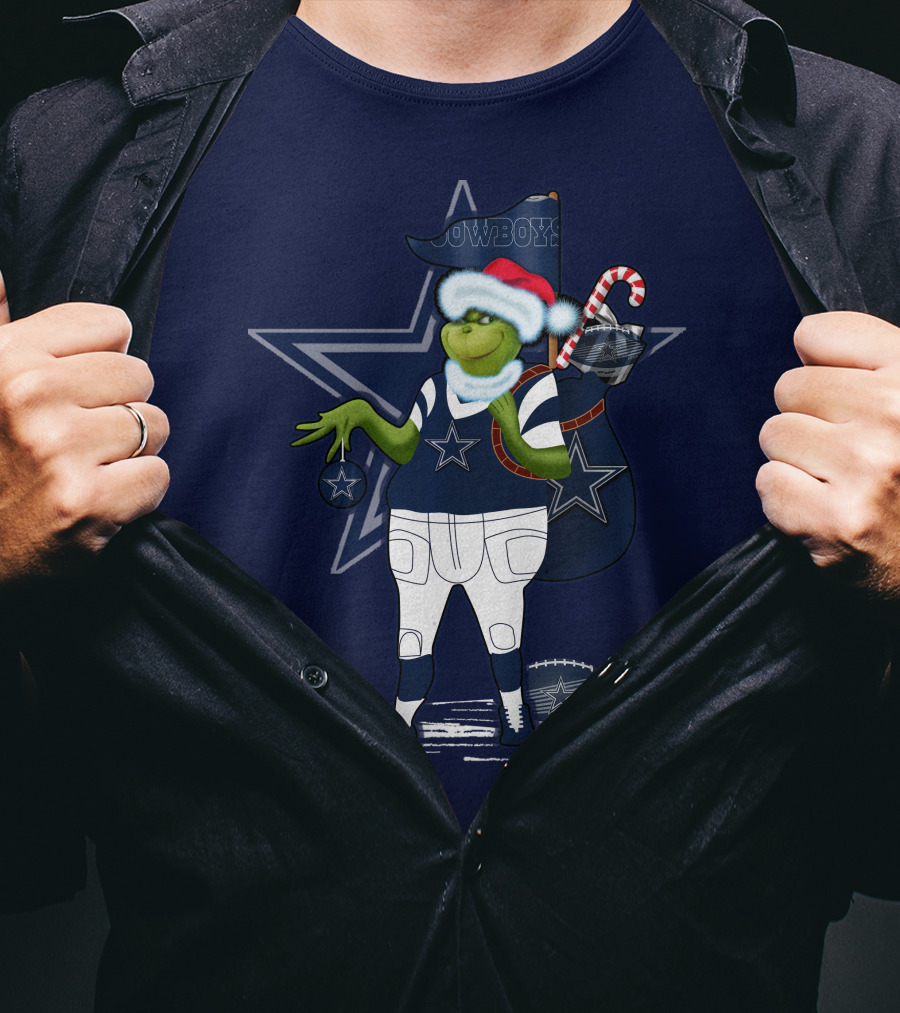 Grinchxmas Dallas Cowboys Holiday Cheer With Starry Football Twist T-Shirt