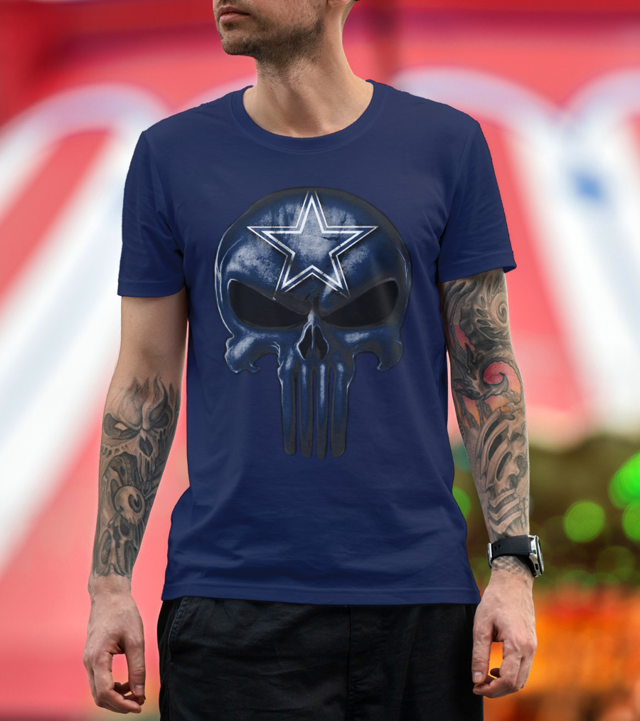 Skull Dallas Cowboys Star Logo Navy Background T-Shirt