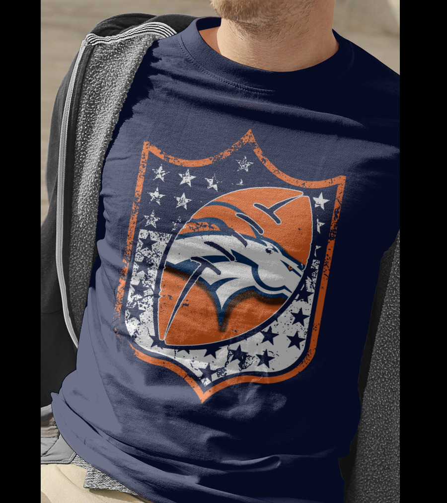Denver Broncos Vintage Logo With Stars And Orange Shield T-Shirt