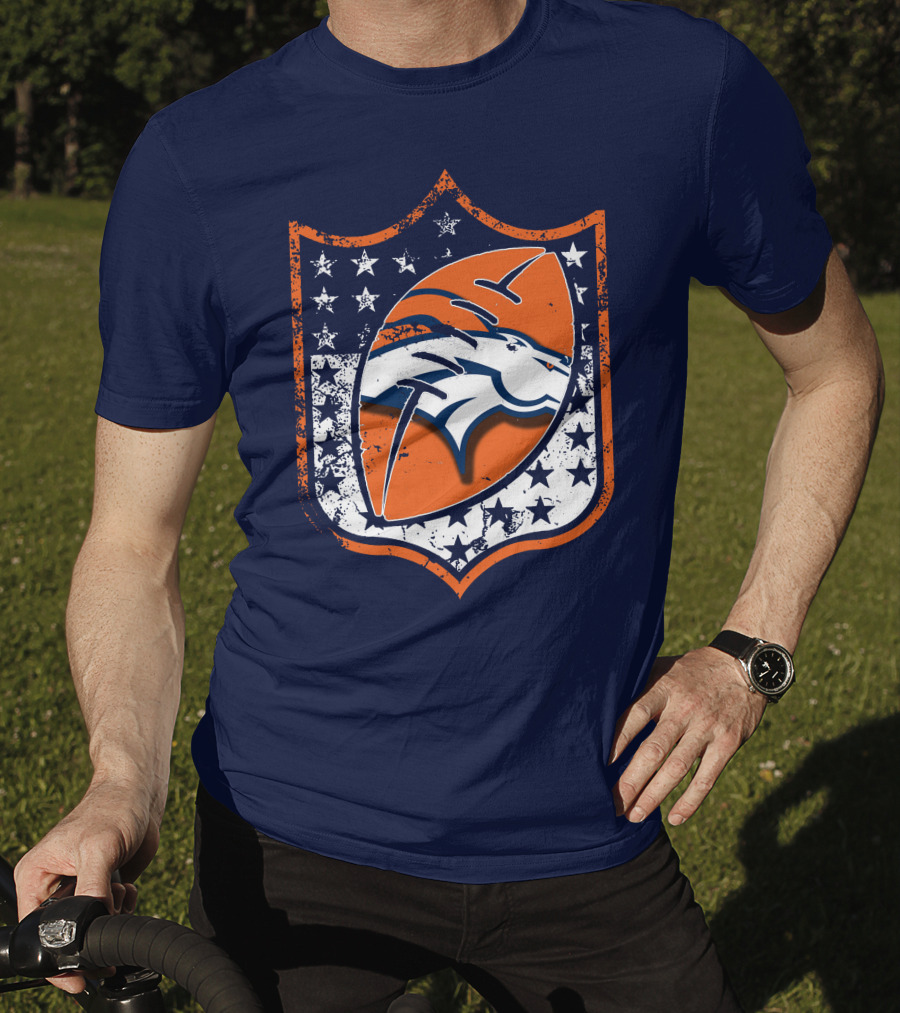 Denver Broncos Vintage Logo With Stars And Orange Shield T-Shirt