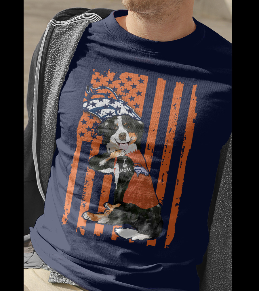 Border Collie I Love Mom Denver Broncos Fan Puppy With Flag T-Shirt