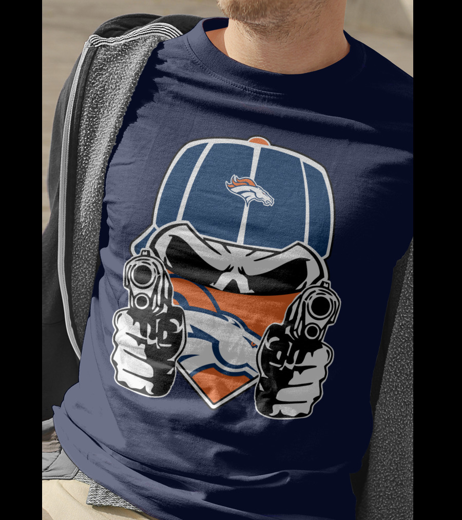 Denver Broncos Skull Bandana Dual Guns T-Shirt