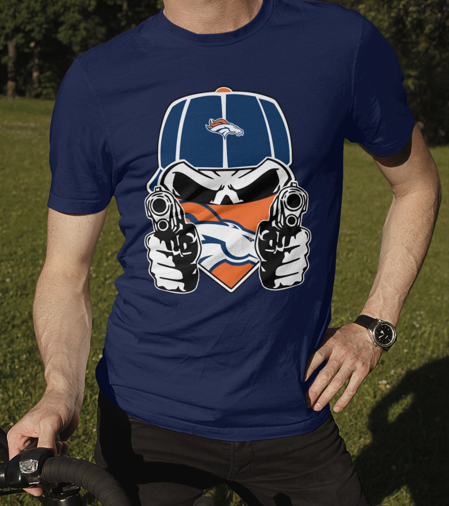 Denver Broncos Skull Bandana Dual Guns T-Shirt