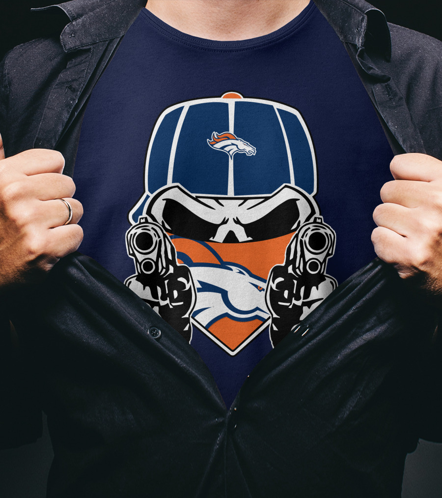 Denver Broncos Skull Bandana Dual Guns T-Shirt