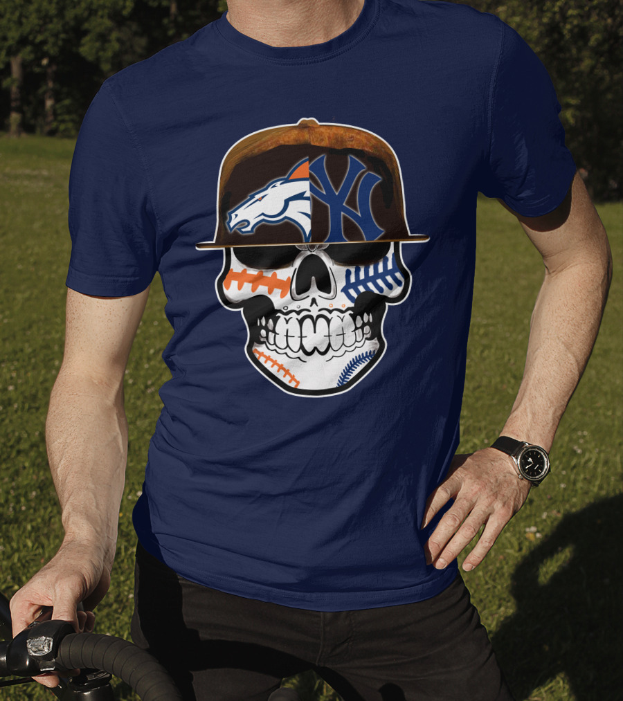 Denver Broncos New York Yankees Skull Sports Fusion T-Shirt