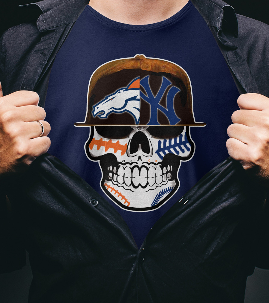 Denver Broncos New York Yankees Skull Sports Fusion T-Shirt