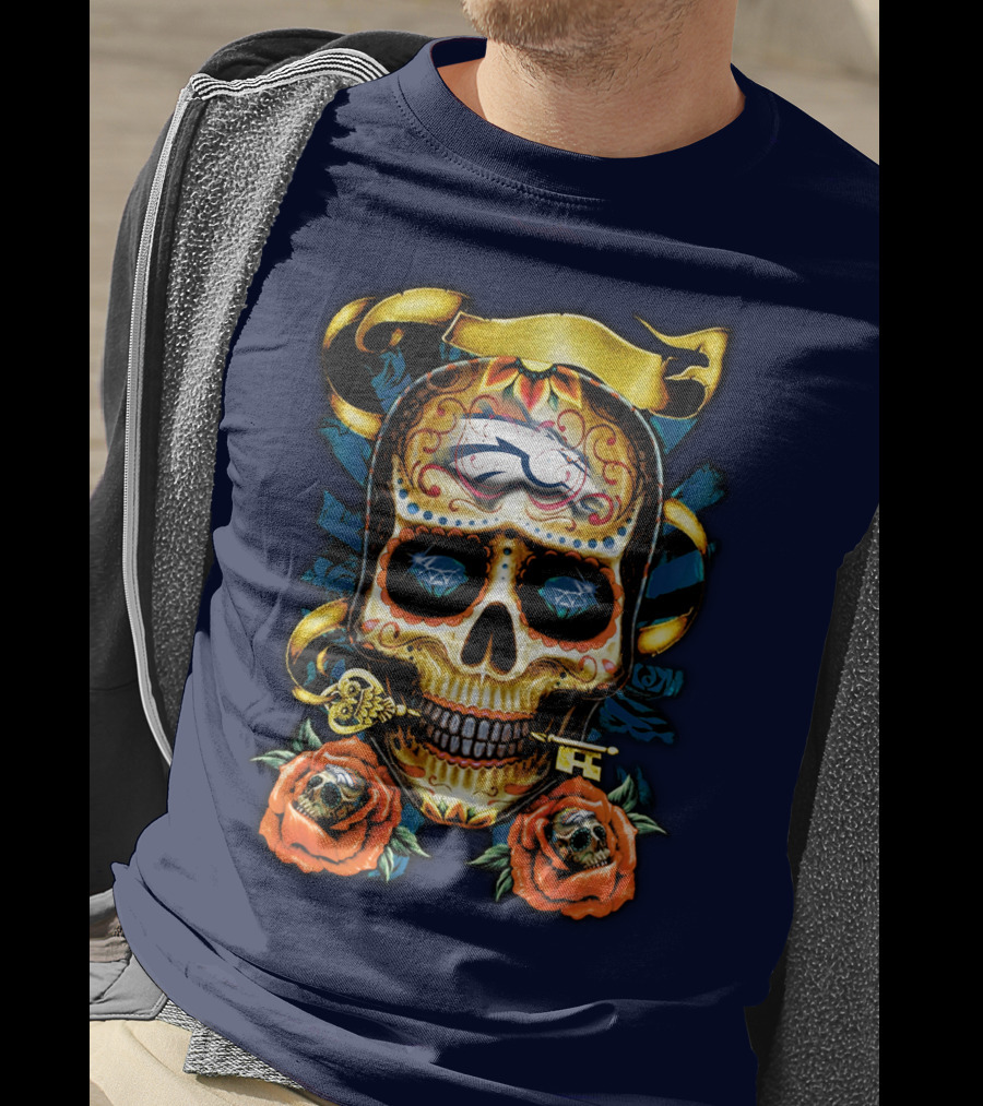 Denver Broncos 42 Sugar Skull Roses Key Ribbon T-Shirt