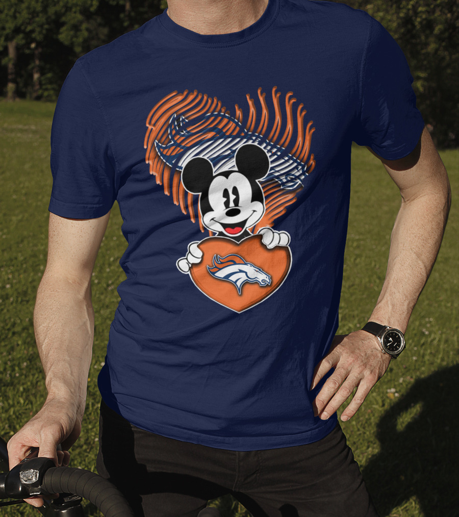 Mickey Mouse Holding Denver Broncos Logo Heart With Bronco Horse Outline T-Shirt