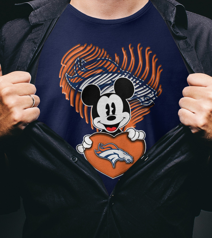 Mickey Mouse Holding Denver Broncos Logo Heart With Bronco Horse Outline T-Shirt