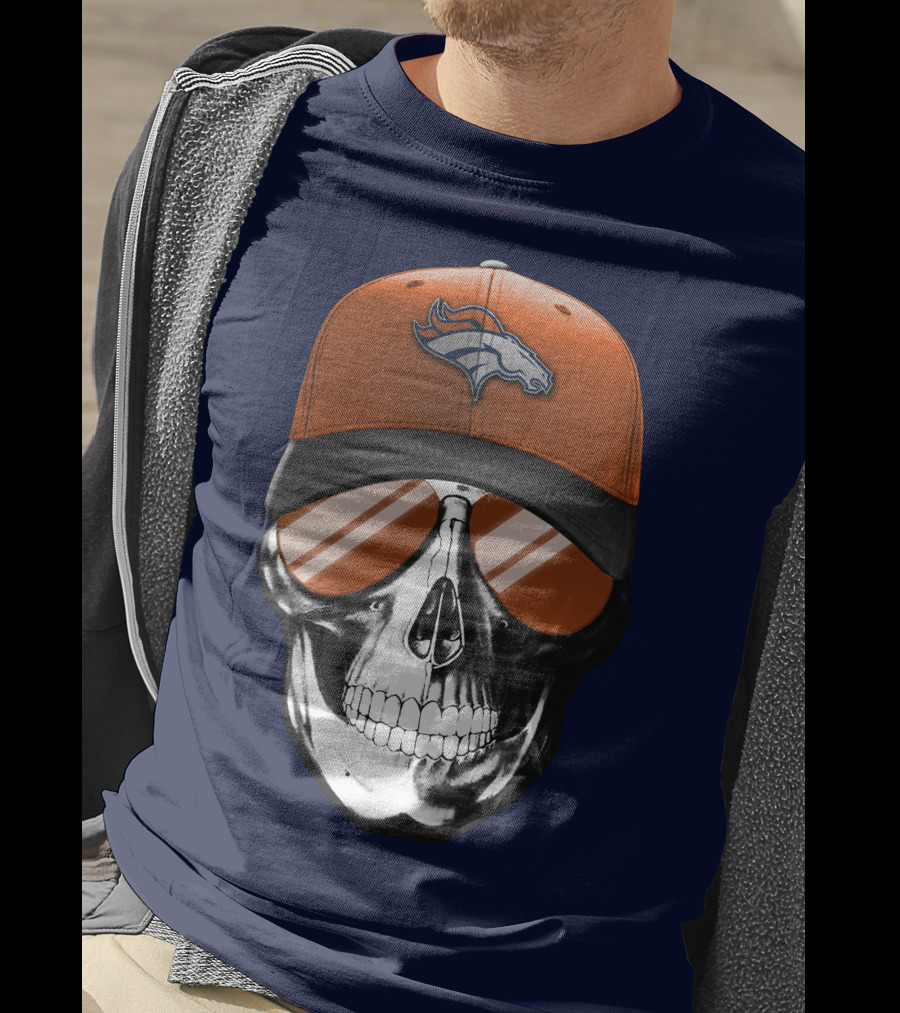 Skull V7 Denver Broncos Cap And Sunglasses T-Shirt