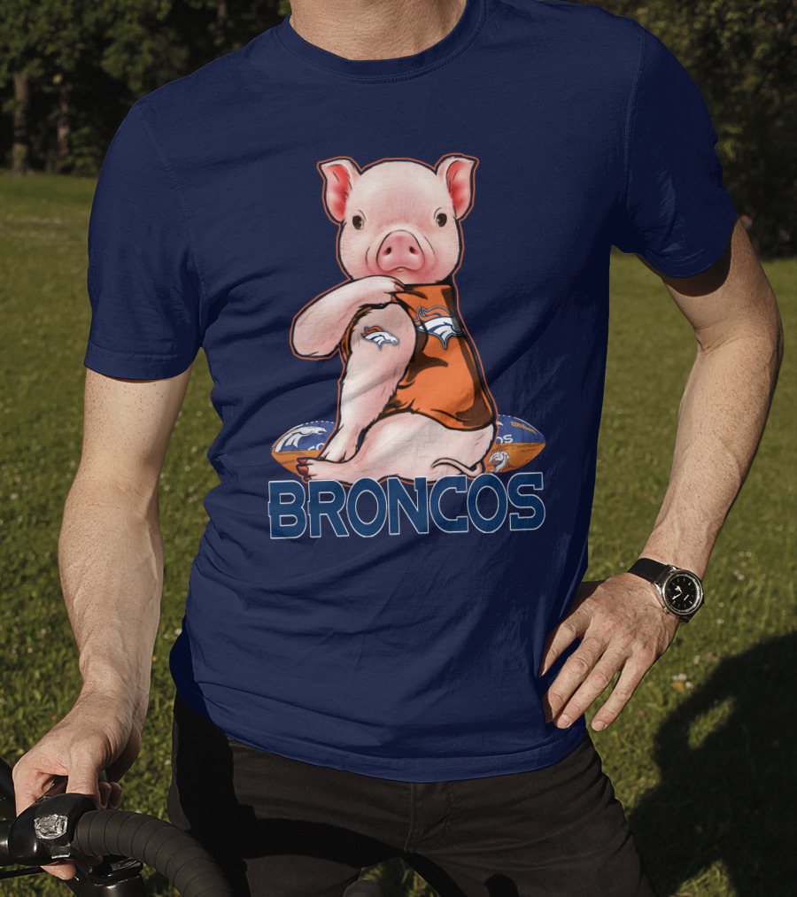 Pig Wearing Denver Broncos Jersey On Football With Broncos T-Shirt