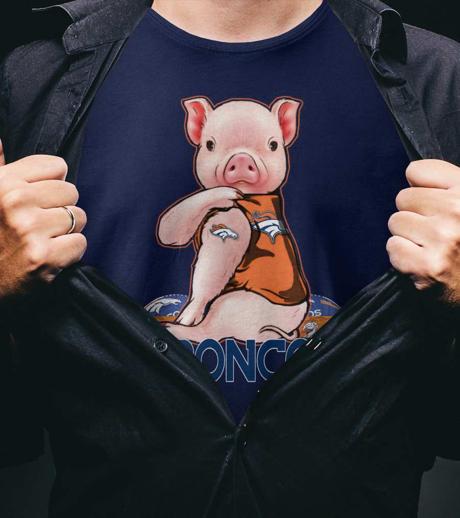 Pig Wearing Denver Broncos Jersey On Football With Broncos T-Shirt