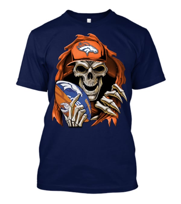 Skullbong Denver Broncos Skeleton Holding Football With Team Logo Helmet And Cap T-Shirt