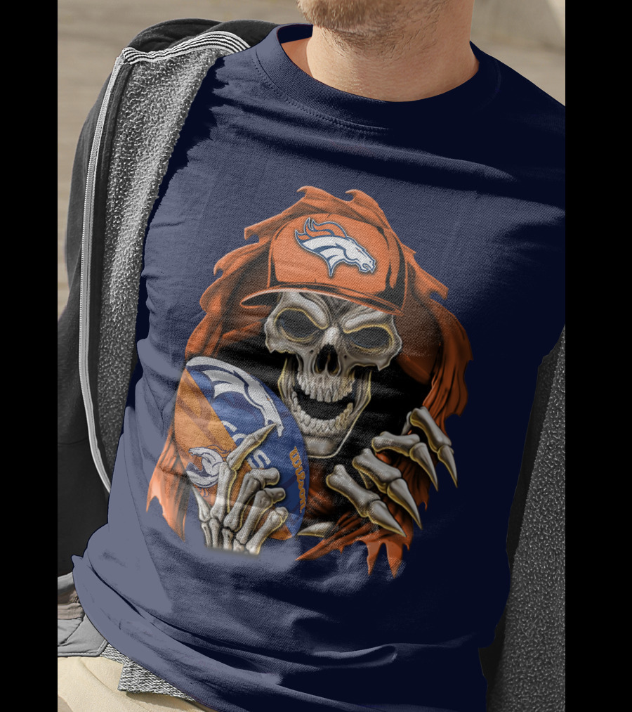 Skullbong Denver Broncos Skeleton Holding Football With Team Logo Helmet And Cap T-Shirt