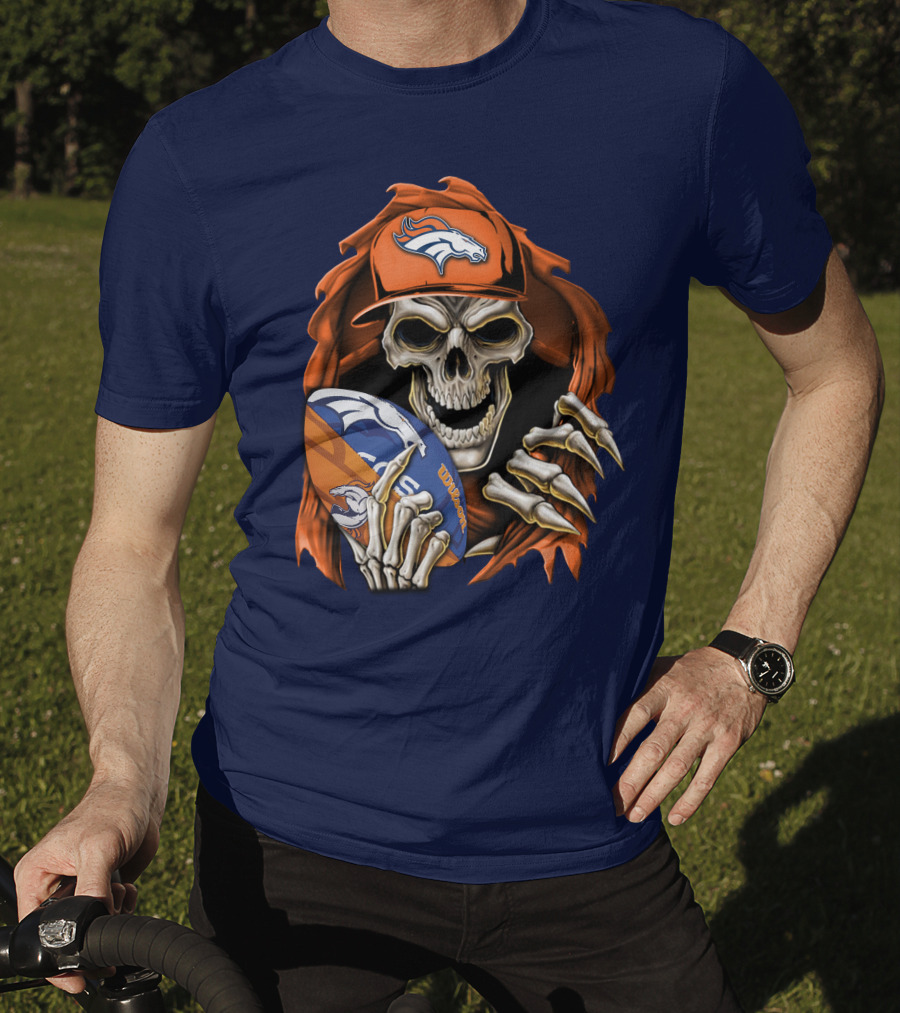 Skullbong Denver Broncos Skeleton Holding Football With Team Logo Helmet And Cap T-Shirt