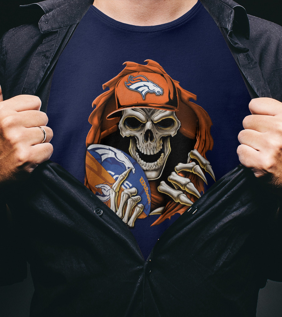 Skullbong Denver Broncos Skeleton Holding Football With Team Logo Helmet And Cap T-Shirt