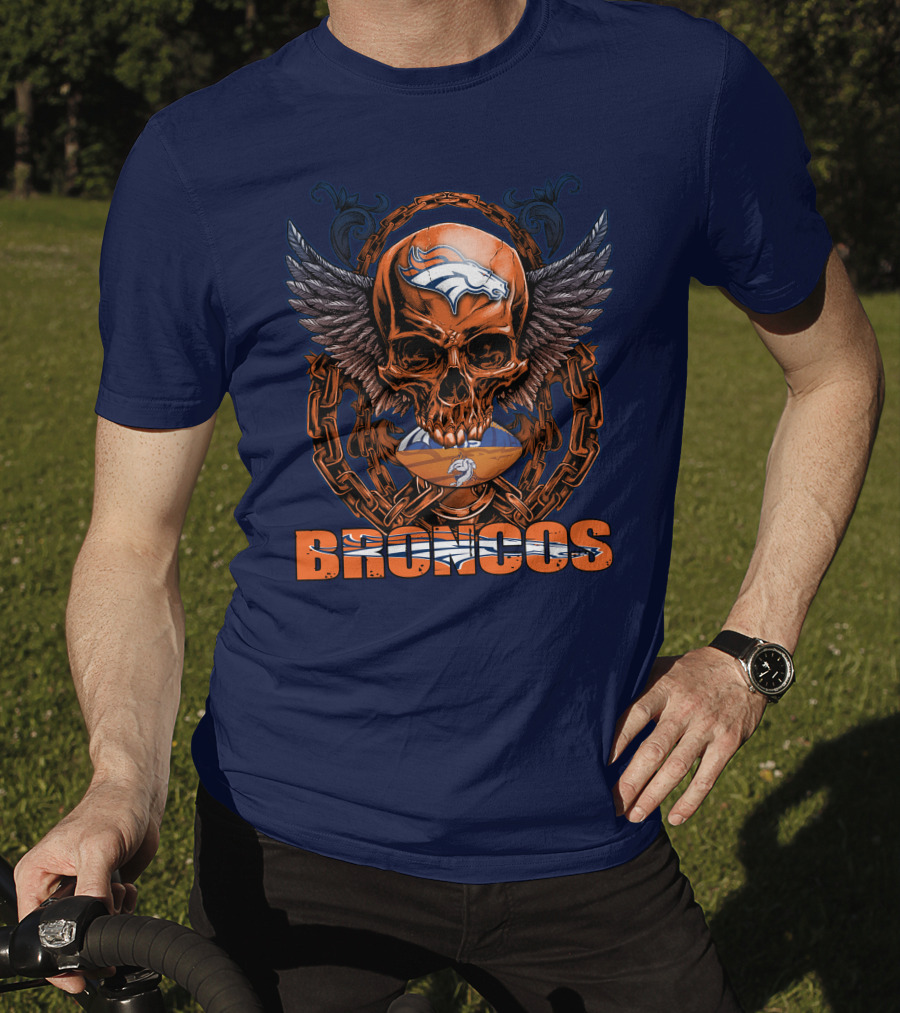 Skullfb Denver Broncos Winged Skull Football Chain T-Shirt