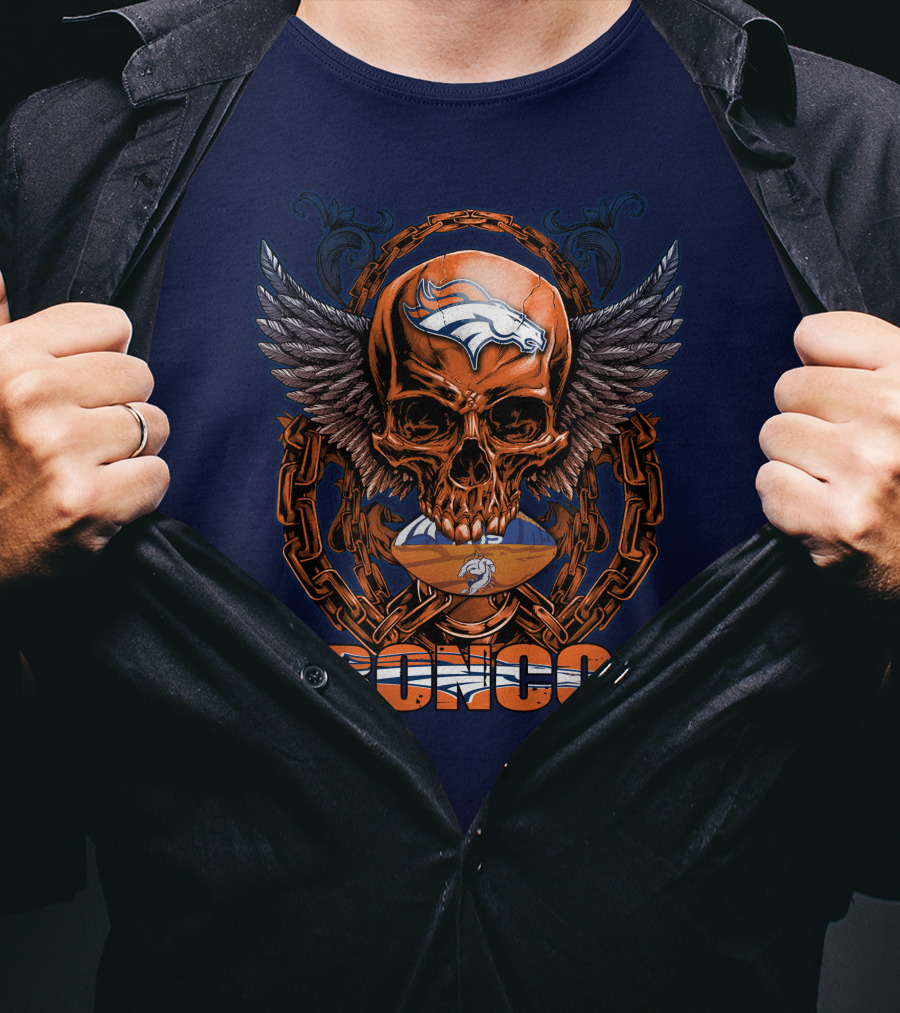 Skullfb Denver Broncos Winged Skull Football Chain T-Shirt