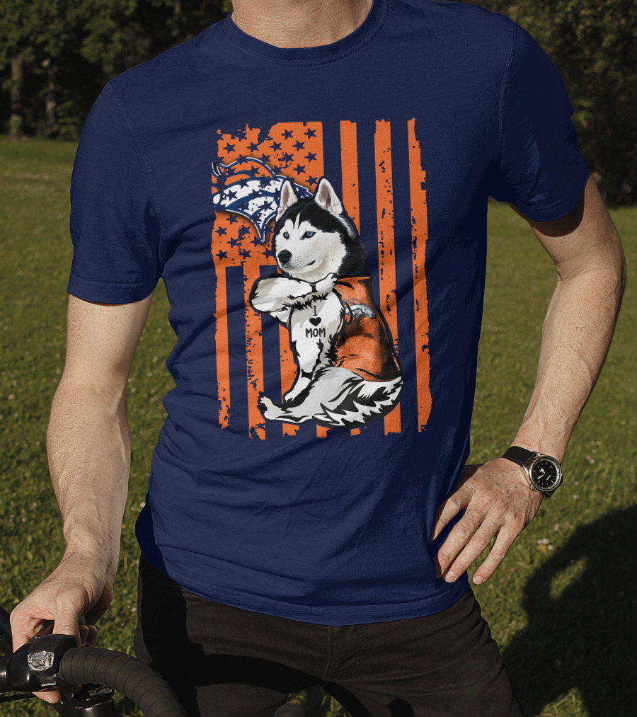 Siberian Husky Mom Denver Broncos Fan Usa Flag T-Shirt