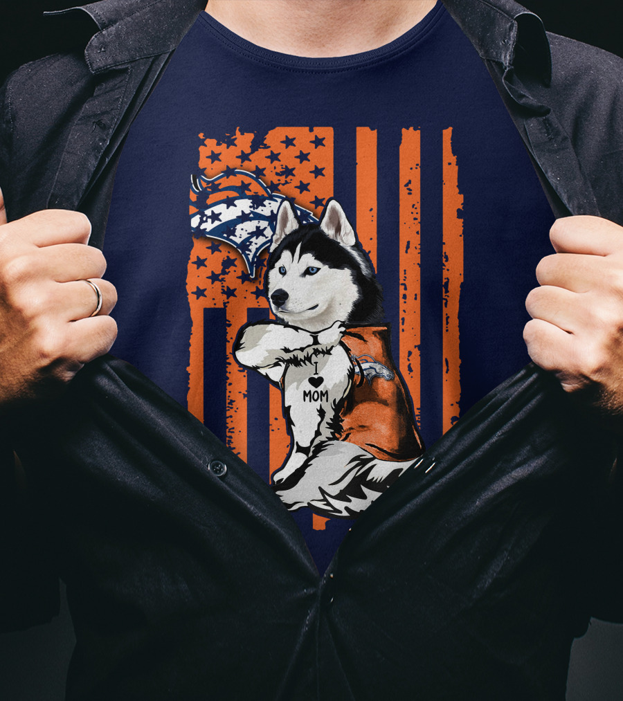Siberian Husky Mom Denver Broncos Fan Usa Flag T-Shirt