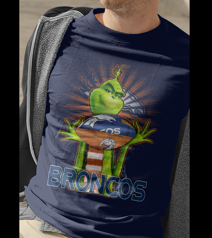 Grinch Holding Denver Broncos Football T-Shirt