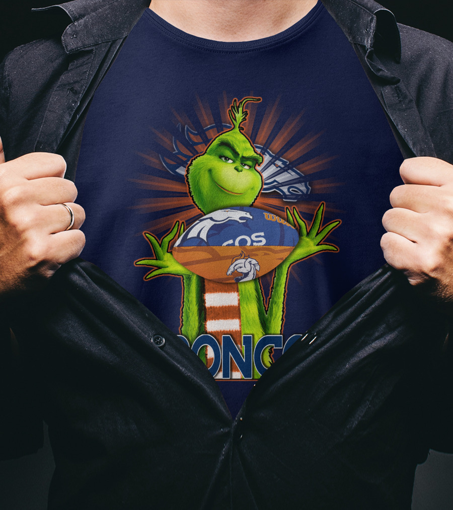 Grinch Holding Denver Broncos Football T-Shirt