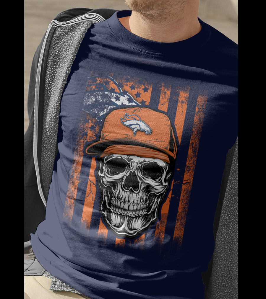Skull V1 Denver Broncos Flag Style Football Skull Cap T-Shirt