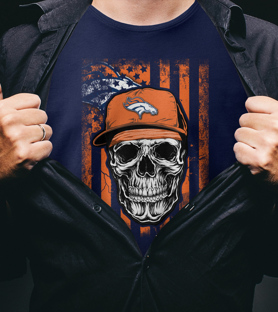 Skull V1 Denver Broncos Flag Style Football Skull Cap T-Shirt