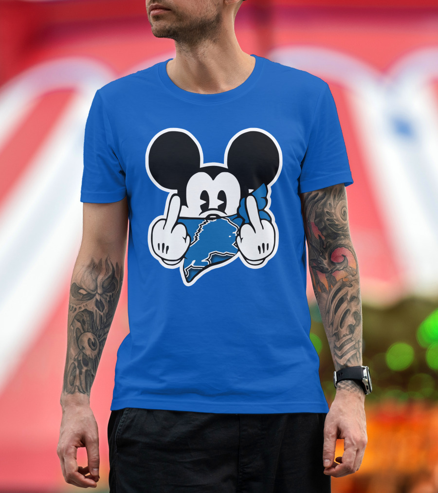 Detroit Lions 53 Mickey Mouse Gesture Blue Bandana T-Shirt