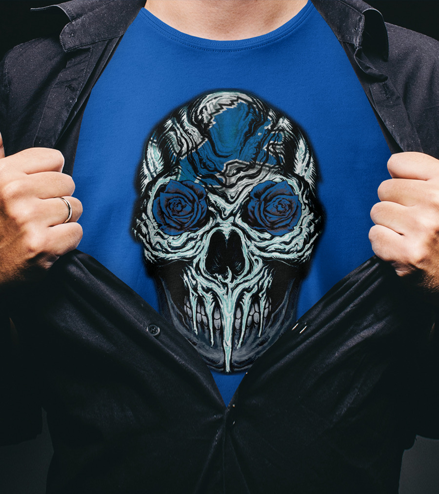 Detroit Lions 57 Skull Blue Roses T-Shirt