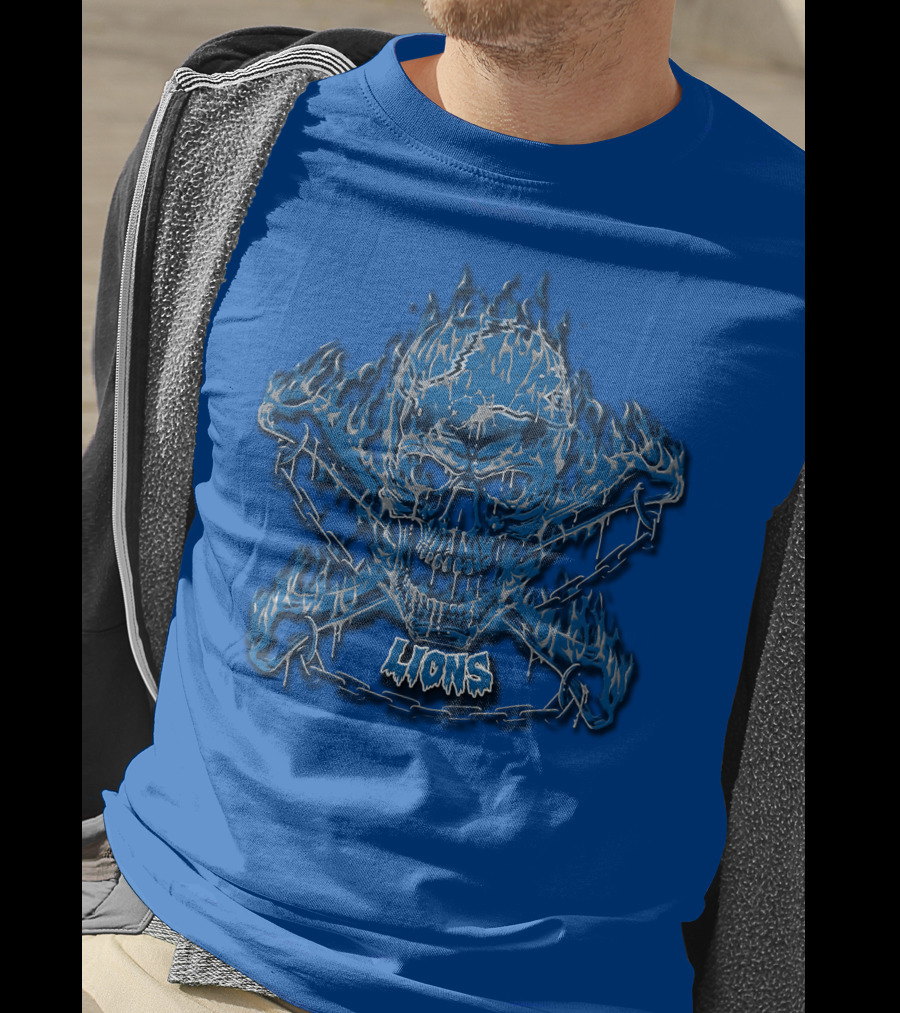 Detroit Lions Skull And Crossbones Fiery Blue T-Shirt