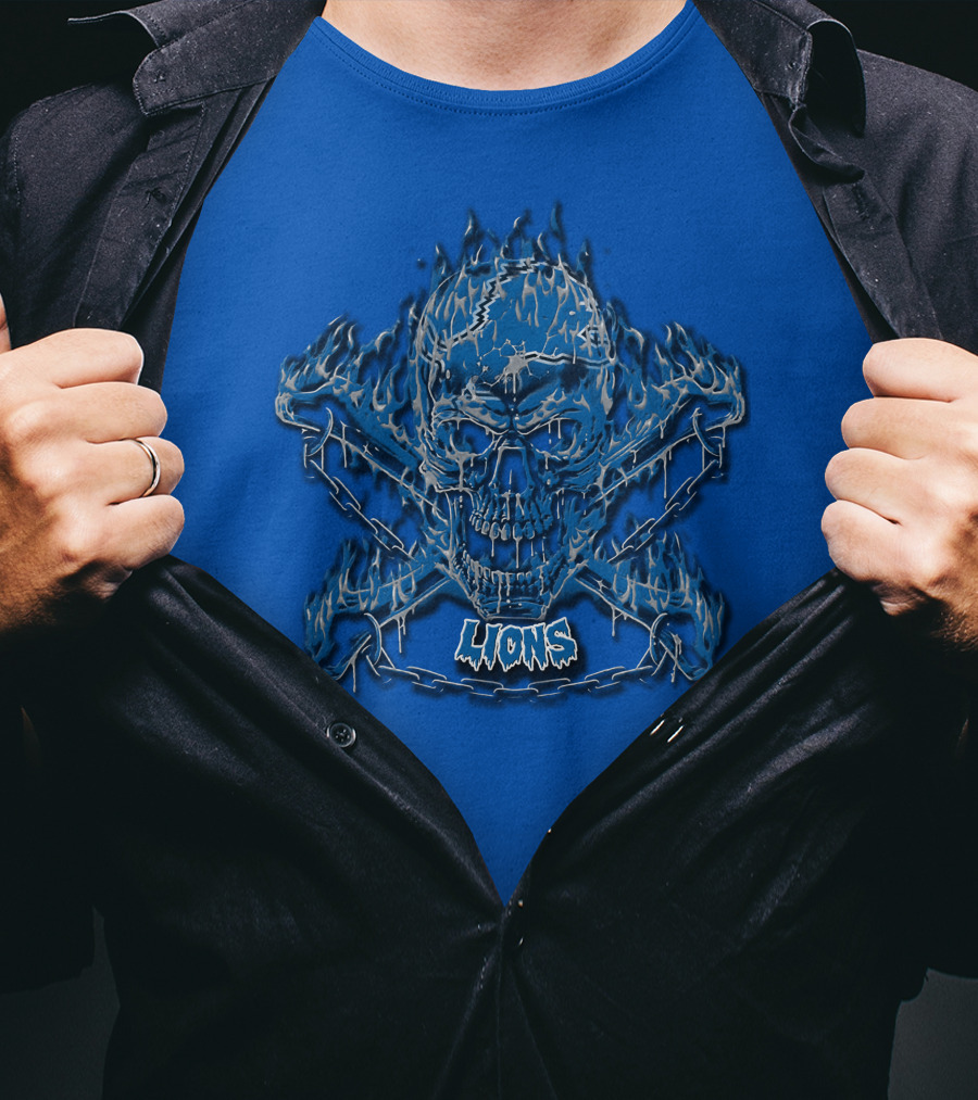 Detroit Lions Skull And Crossbones Fiery Blue T-Shirt