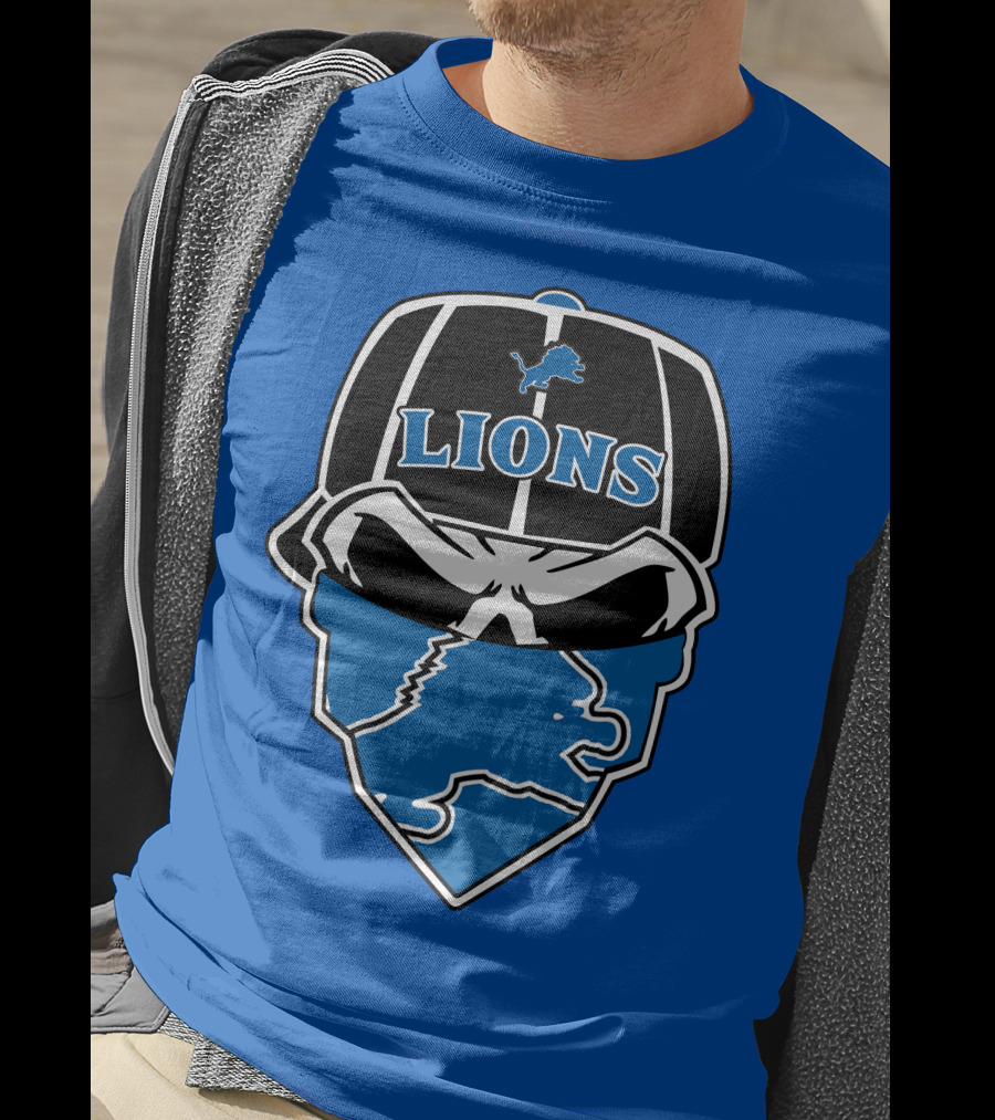 Detroit Lions Skull Bandana Cap Logo Blueprint T-Shirt