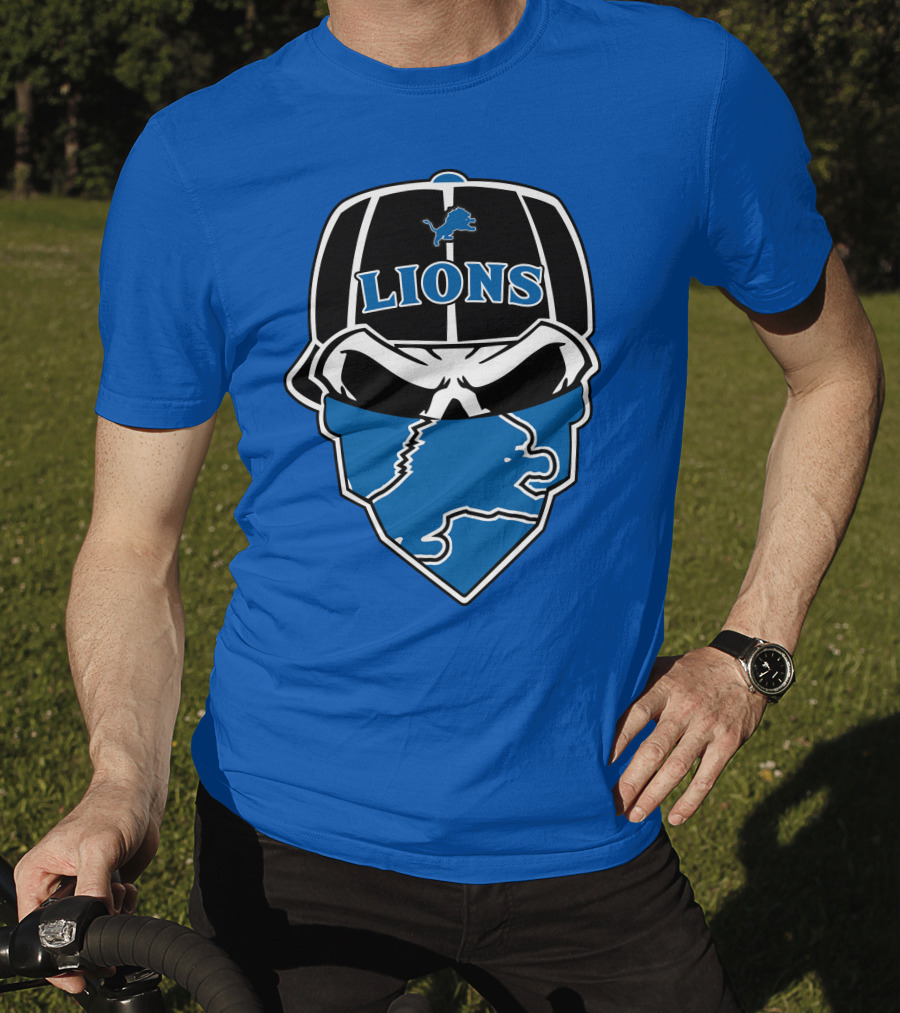 Detroit Lions Skull Bandana Cap Logo Blueprint T-Shirt