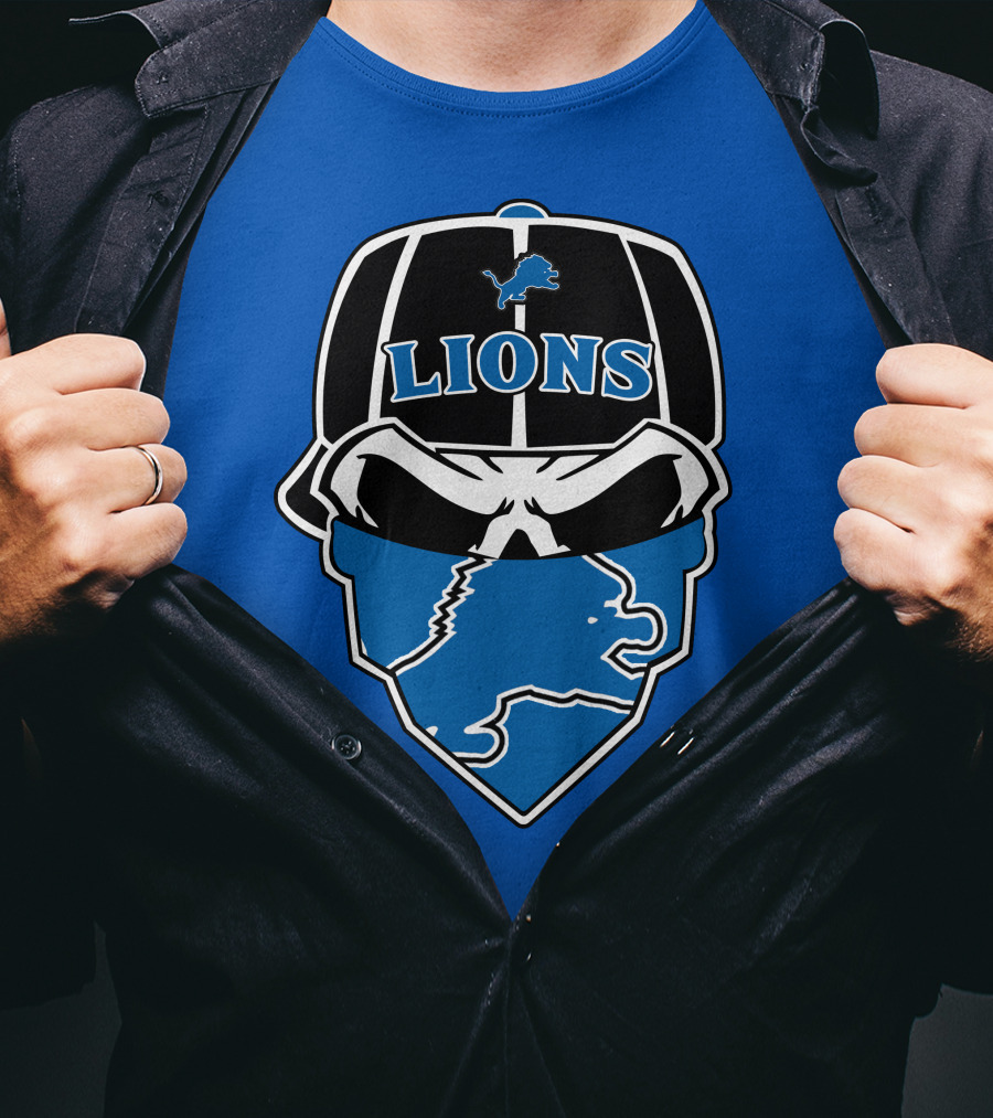 Detroit Lions Skull Bandana Cap Logo Blueprint T-Shirt