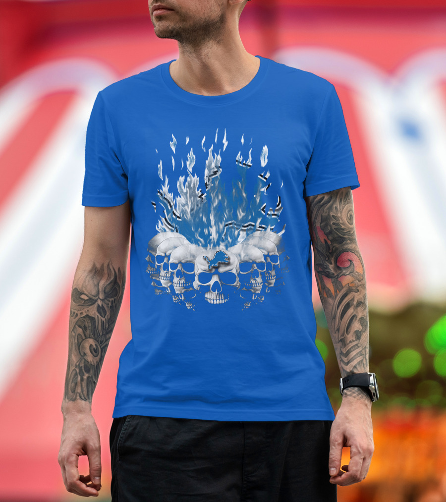 Detroit Lions 16 Flaming Skulls T-Shirt